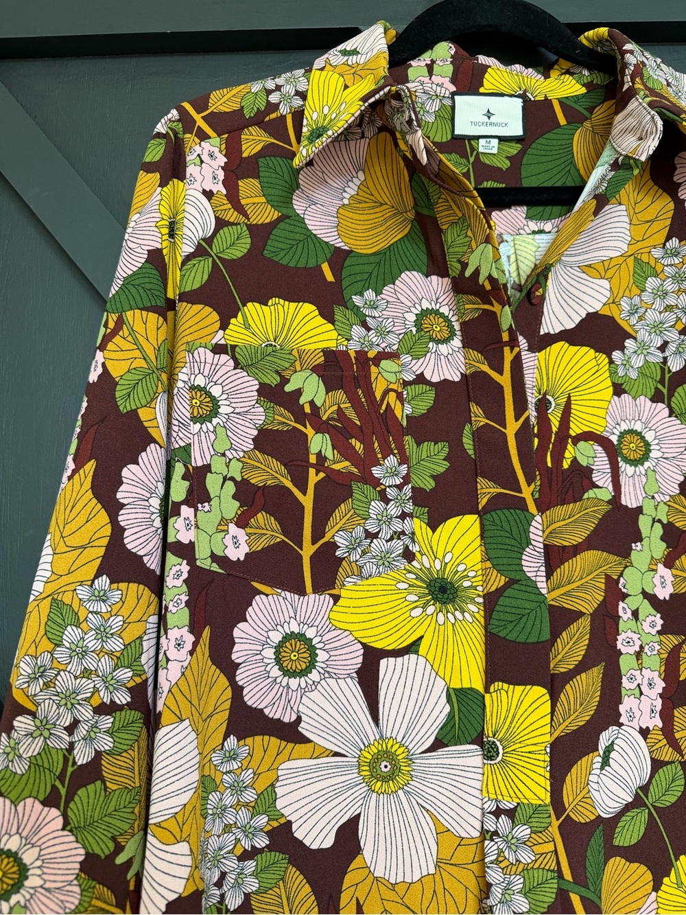 Tuckernuck Retro Floral Crepe Callahan Shirt Dress Brown Multi, Size Medium - Picture 3 of 7